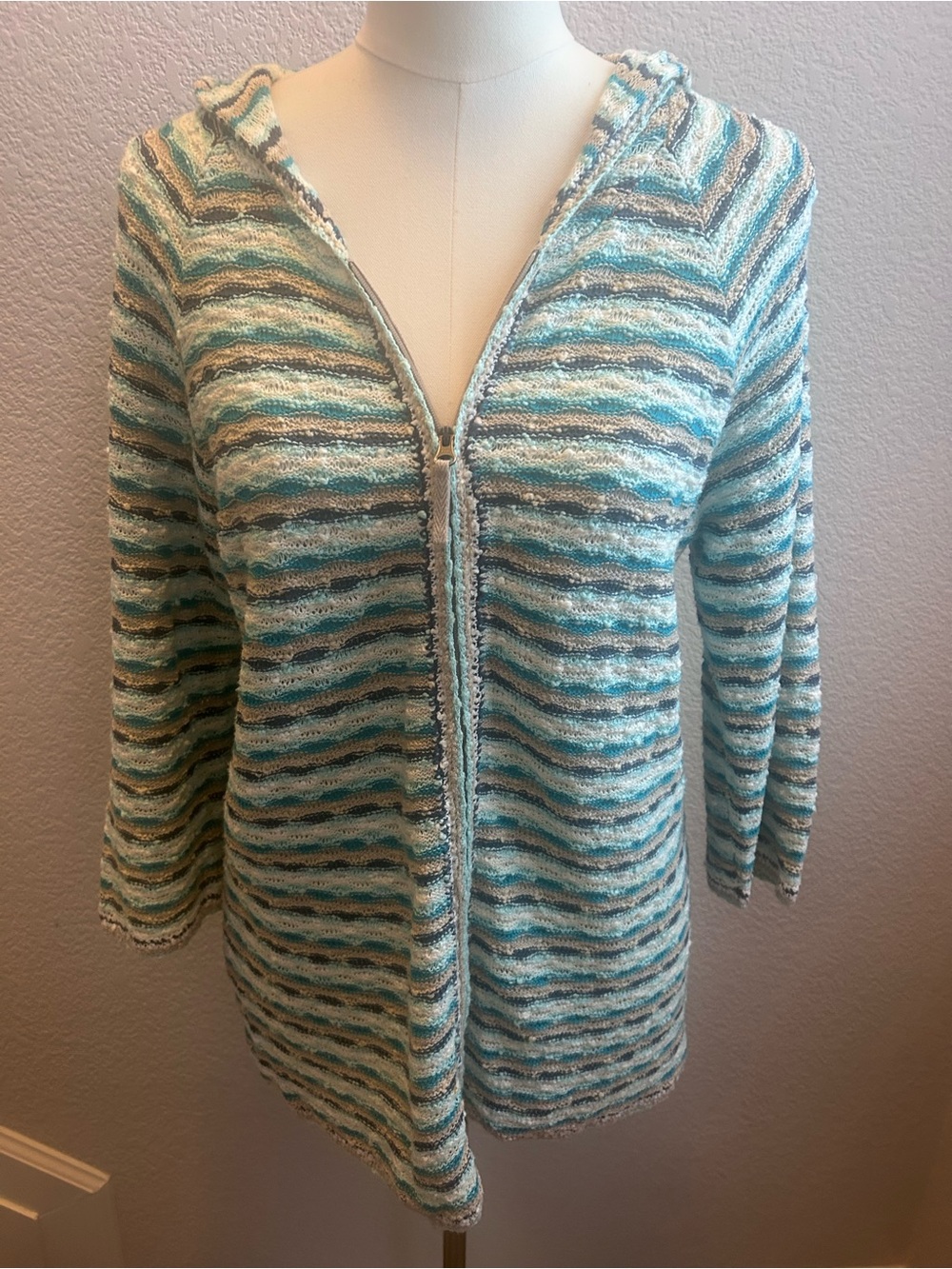 J. Jill Striped Hooded Zip Cardigan in Aqua, Beige, and Cream